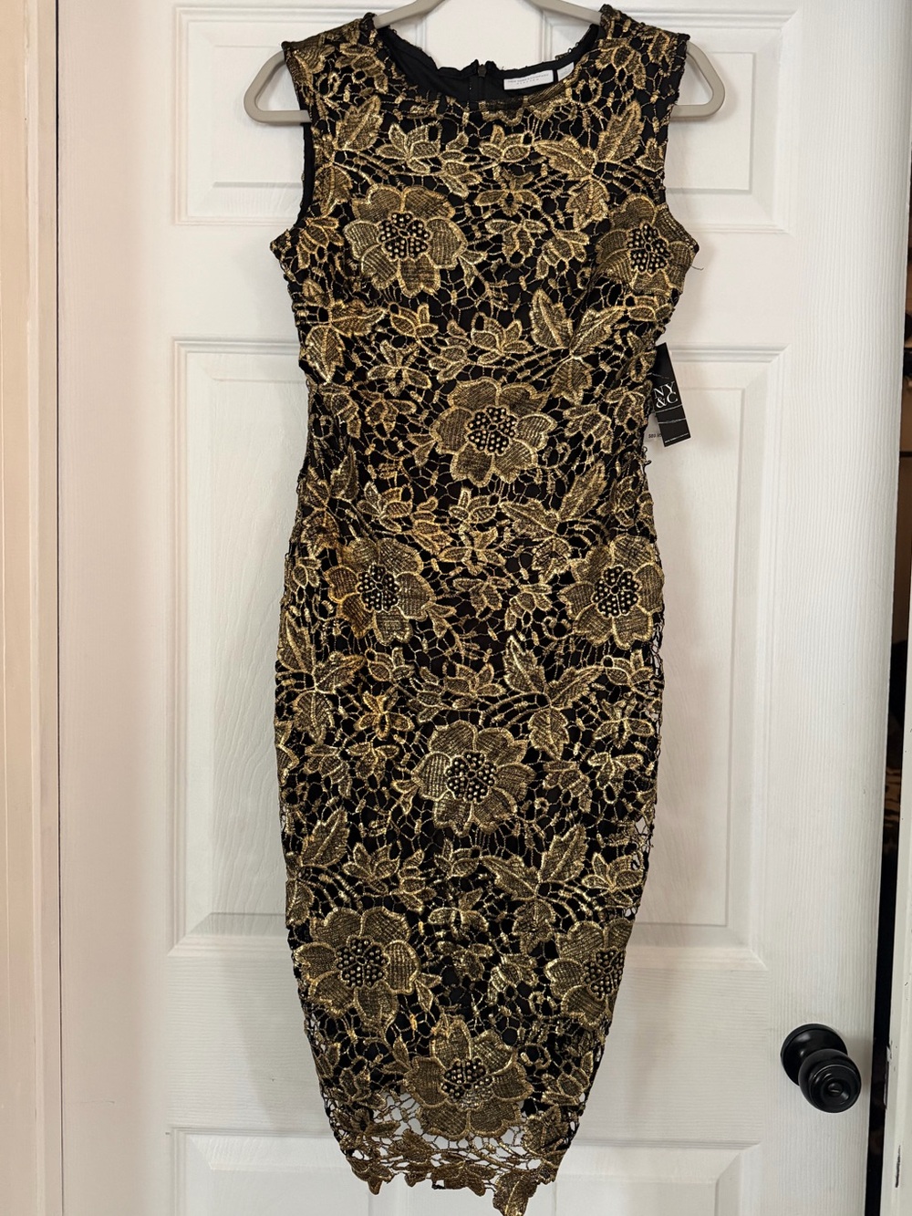 New York & Company Black and Gold Floral Lace Midi Sheath Dress - Picture 1 of 8